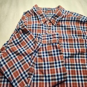 Eddie Bauer Mens XL Relaxed Fit Plaid Button Down Shirt Orange Navy Blue Cotton